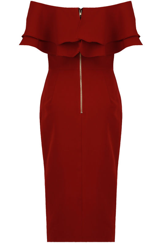 Off The Shoulder Double Frill Midi Dress In Wine