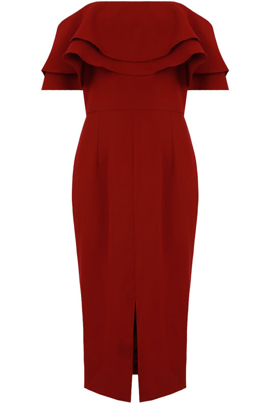 Off The Shoulder Double Frill Midi Dress In Wine