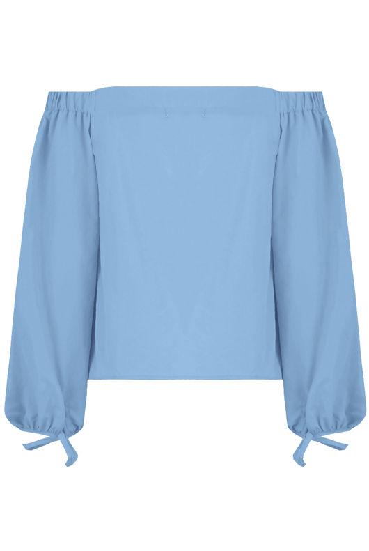 Blue Off Shoulder Knot Sleeve Blouse