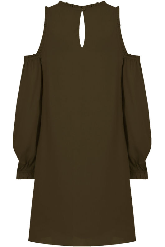Khaki Cold Shoulder Back Button Up Shift Dress