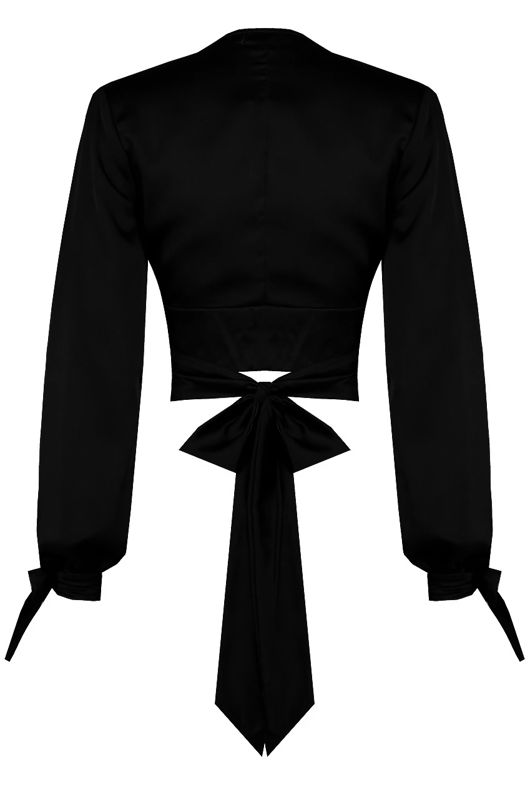Black Satin Open Sleeve Wrap Crop Top 