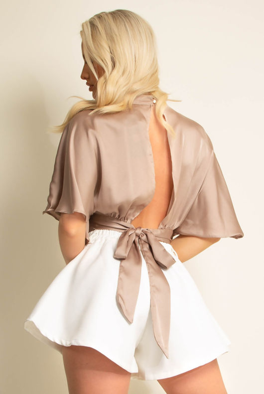 Taupe Satin Pleated Choker Neck Crop Top