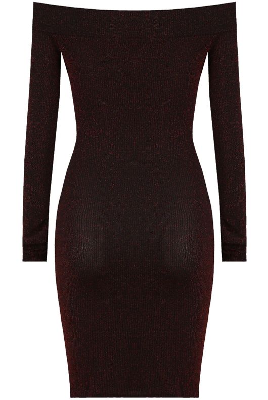 Burgundy Lurex Off The Shoulder Bodycon Dress