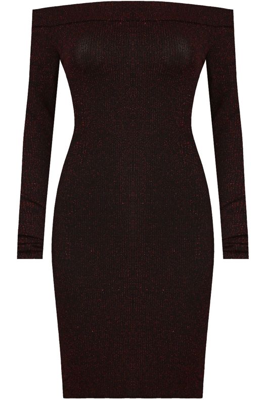 Burgundy Lurex Off The Shoulder Bodycon Dress