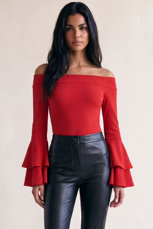 Red Bardot Bell Sleeve Bodysuit 