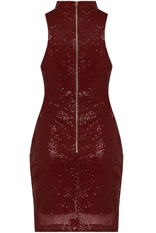 Wine Sequin Side Cut Out Party Dress