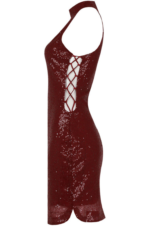 Wine Sequin Side Cut Out Party Dress