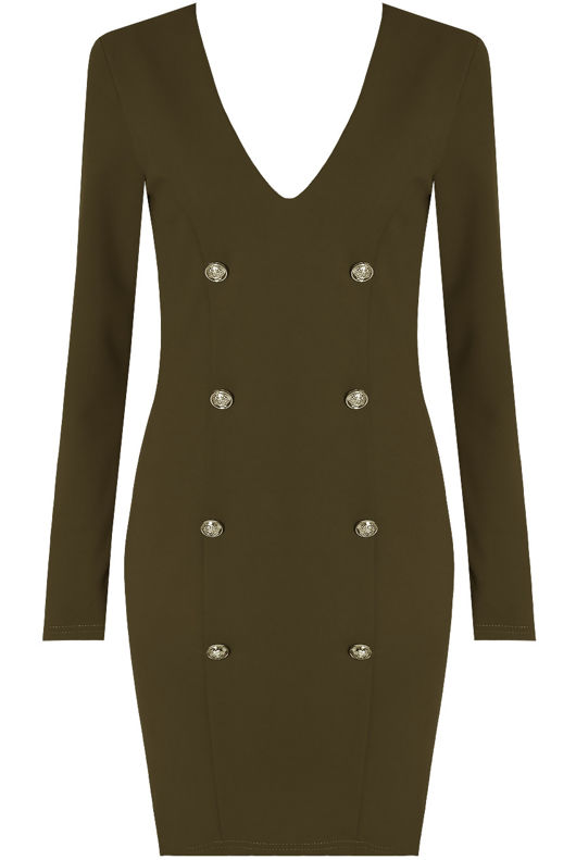 Khaki Long Sleeve Tuxedo Bodycon Dress