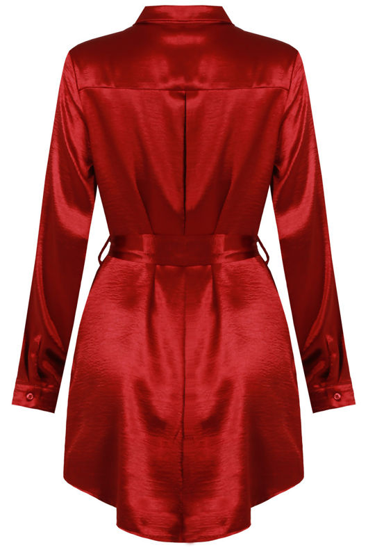 Wine Satin Long Sleeve Shirt Dress 