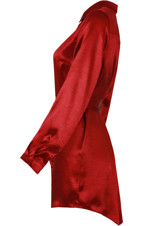 Wine Satin Long Sleeve Shirt Dress 