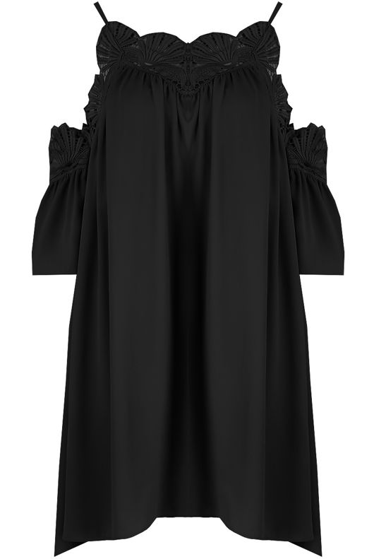 Black Embroidered Cut Out Shoulder Day Dress
