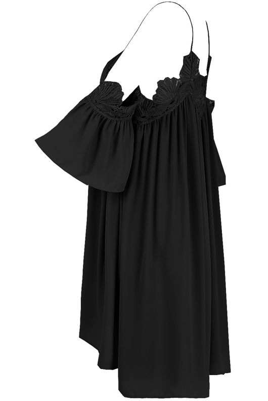 Black Embroidered Cut Out Shoulder Day Dress