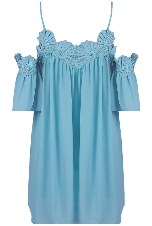 Sky Blue Embroidered Cut Out Shoulder Day Dress