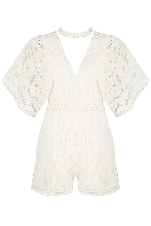 Choker Neck Crochet Playsuit In White