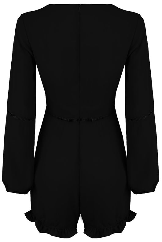 V-Neck Chiffon Playsuit With Crochet Detail In Black