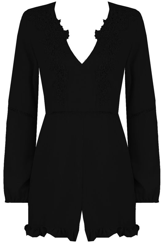 V-Neck Chiffon Playsuit With Crochet Detail In Black