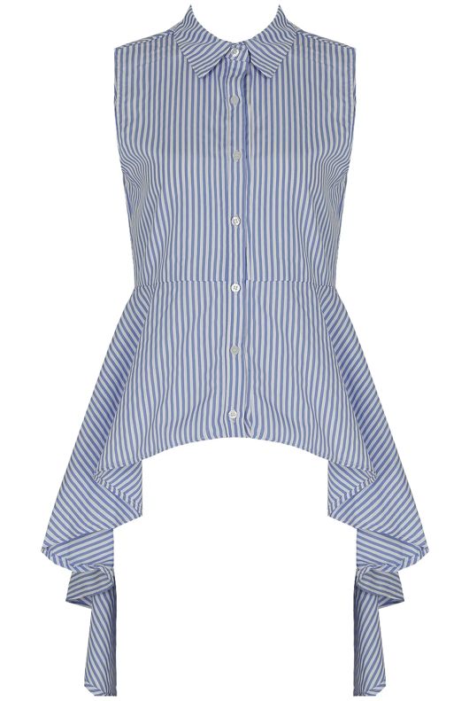Blue Striped Front Button Up Asymmetric Top.