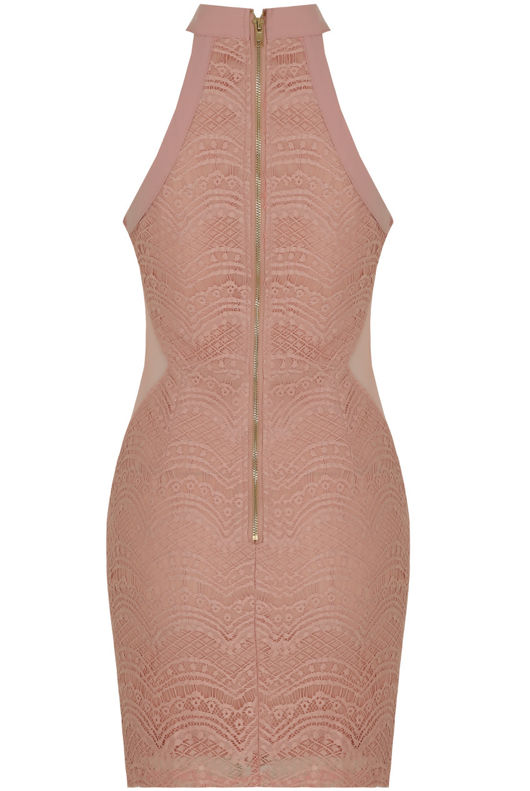 Crochet Lined Side Netted Bodycon Dress in Rose 