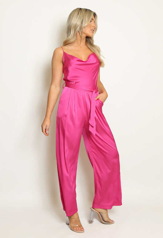 Fuchsia Satin Cowl Neck Belted Jumpsuit