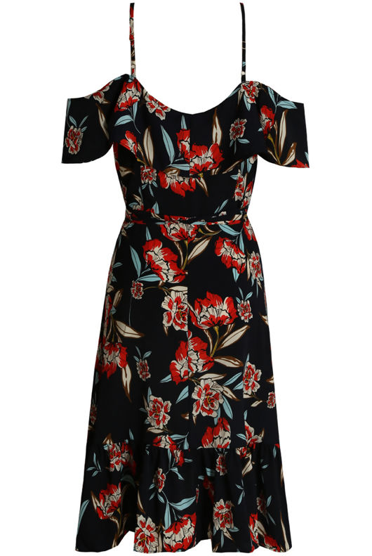 Navy Floral Cross Over Ruffled Asymmetric Dress