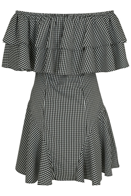 Black Gingham Frill Off Shoulder Mini Dress