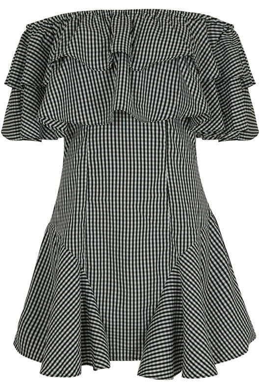 Black Gingham Frill Off Shoulder Mini Dress