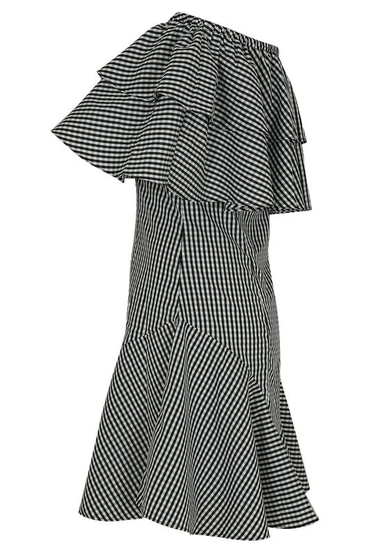 Black Gingham Frill Off Shoulder Mini Dress