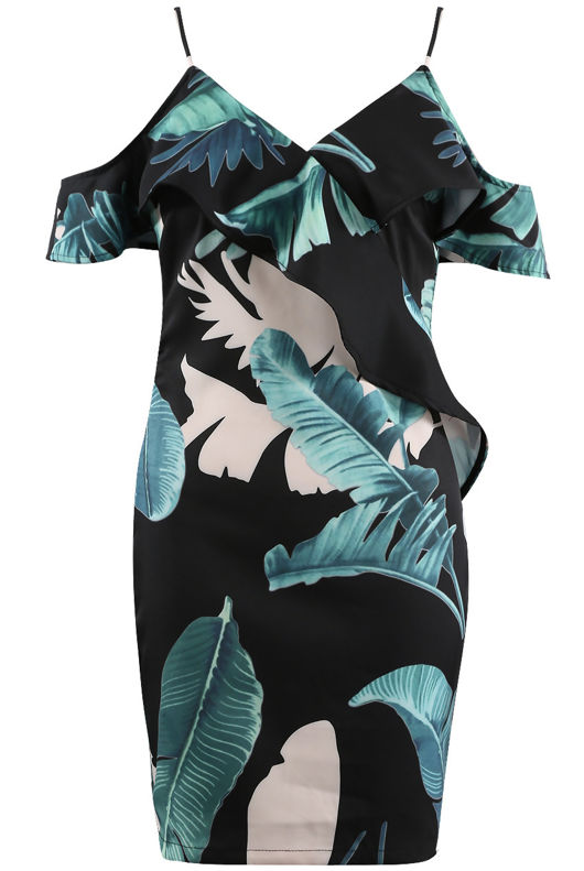 Black Tropical Ruffle Trim Cami Dress