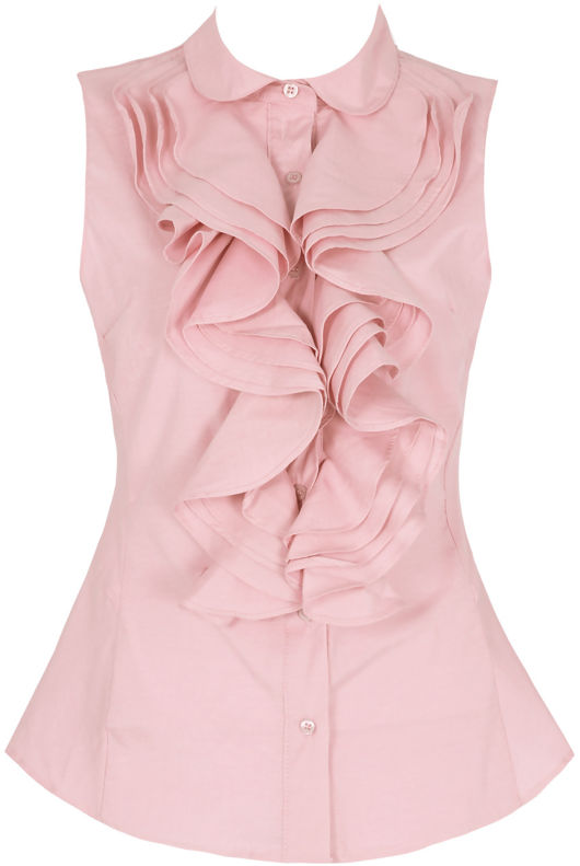 Pink Front Ruffle Button Up Collared Blouse