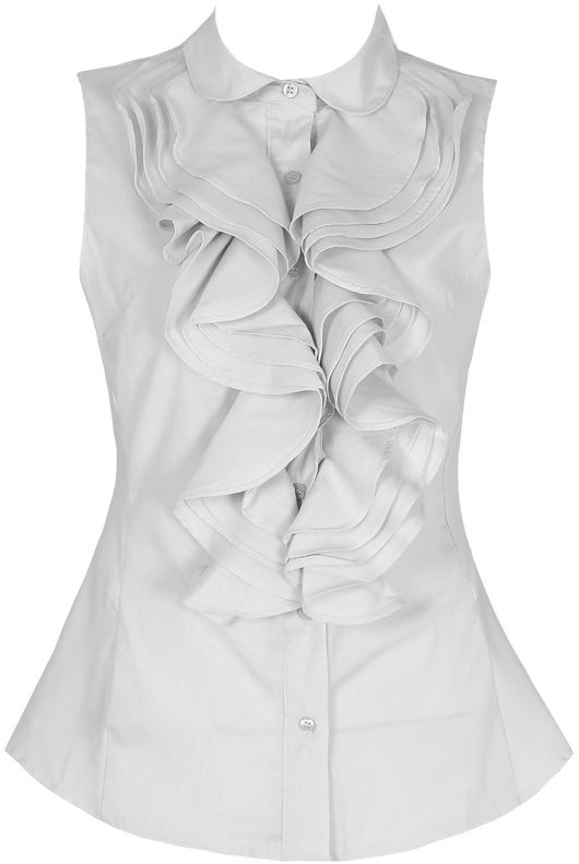 White Front Ruffle Button Up Collared Blouse