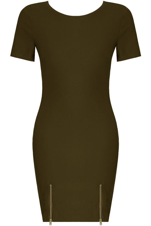 Khaki Front Hem Zipped Bodycon Dress