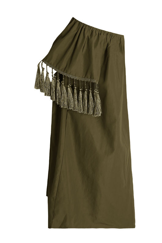 Khaki Elasticated Off Shoulder Fringed Shift Dress