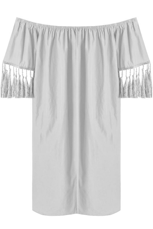 White Elasticated Off Shoulder Fringed Shift Dress