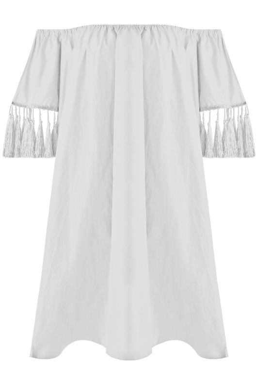 White Elasticated Off Shoulder Fringed Shift Dress