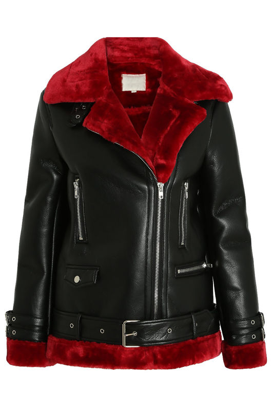 Black Faux Leather Fur Lined Coat