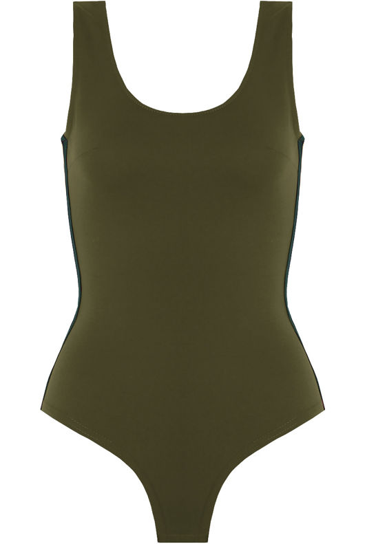 Contrast Side Banded Open Back Bodysuit in Khaki