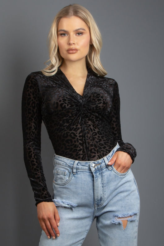 Black Velvet Leopard Print Twist Front Bodysuit