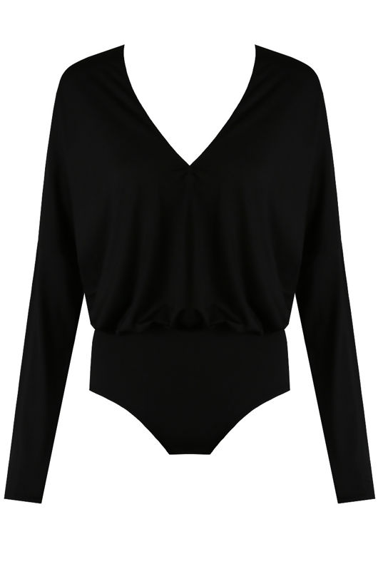 Plunge Neck Ruched Bodysuit in Black