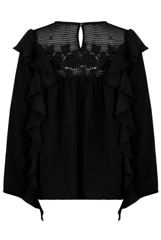 Frill Trim Blouse with Crochet Shoulders in Black