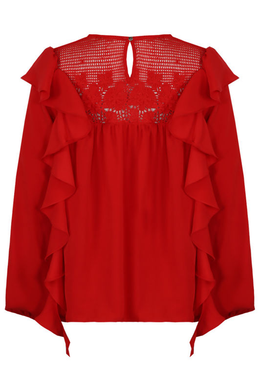 Frill Trim Blouse with Crochet Shoulders in Red