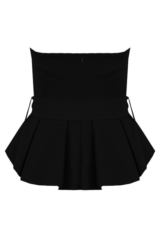 Black Bandeau Belted Peplum Crop Tops 