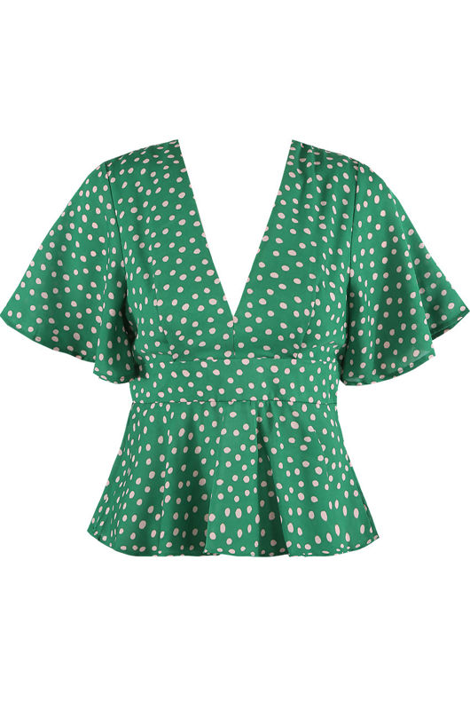 Green Polka Dots Tie Back Peplum Blouse