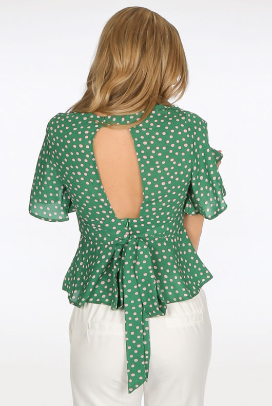 Green Polka Dots Tie Back Peplum Blouse