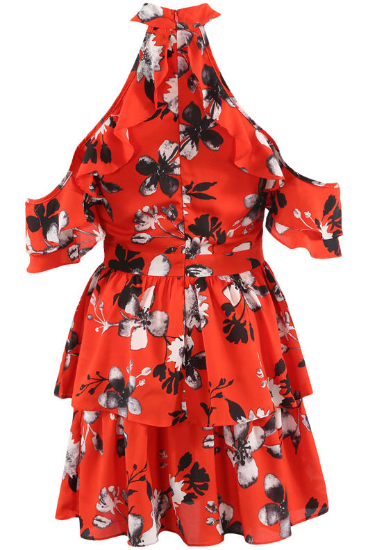 Red Choker Neck Cold Shoulder Floral Dress