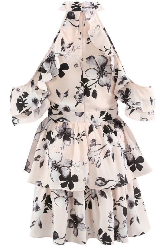 Rose Choker Neck Cold Shoulder Floral Dress