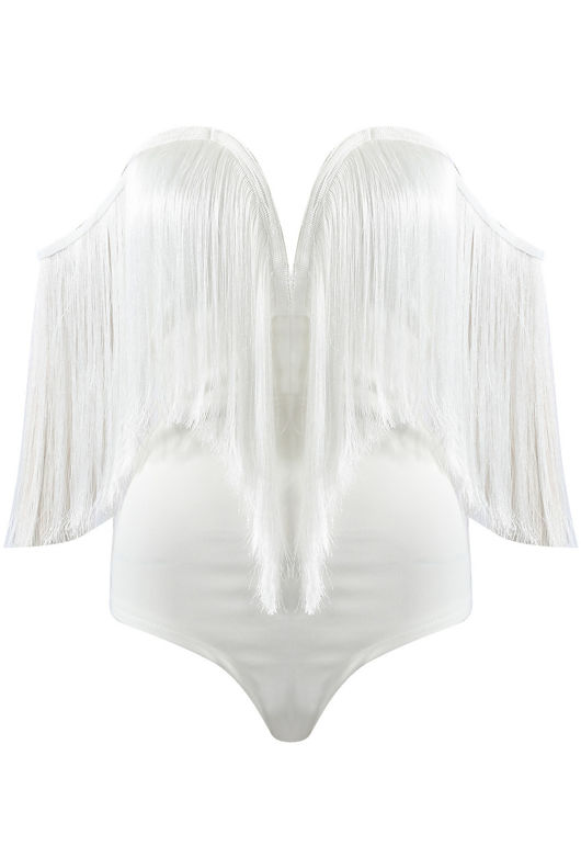 White Fringe Bandeau Bodysuit