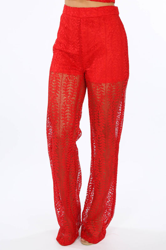 Red Lace Sheer Panel Trousers 