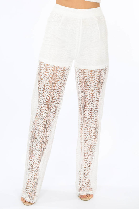 White Lace Sheer Panel Trousers 