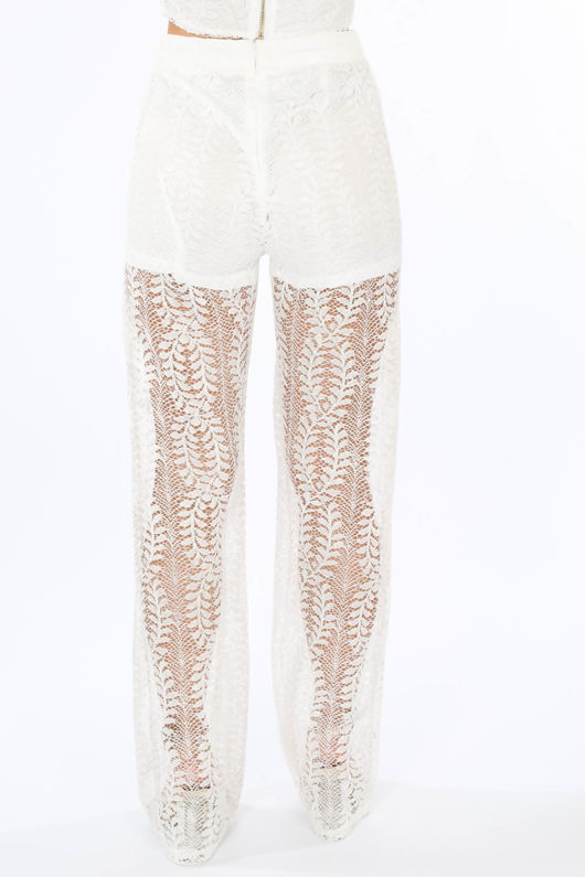 White Lace Sheer Panel Trousers 