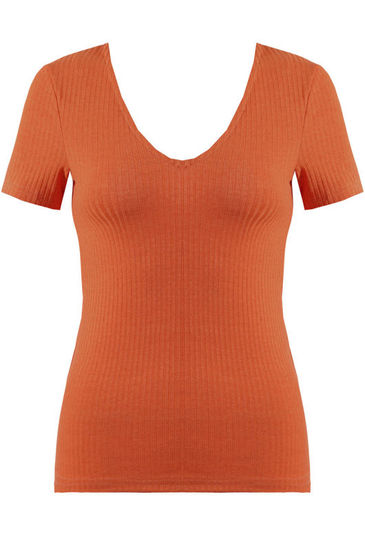 Rust Ribbed Deep Neck Tops 
